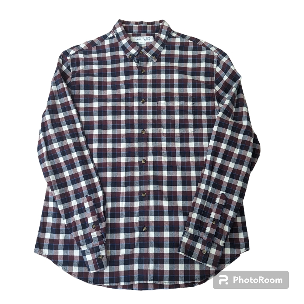 Old Navy Everyday Shirt Slim Fit Built In Flex Button Front LS Plaid Oxford. XL